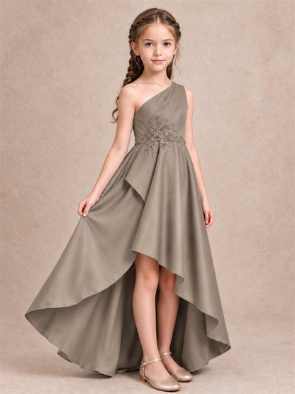 One Shoulder Satin Junior Bridesmaid Dress Lace Applique High Low Wedding Gown