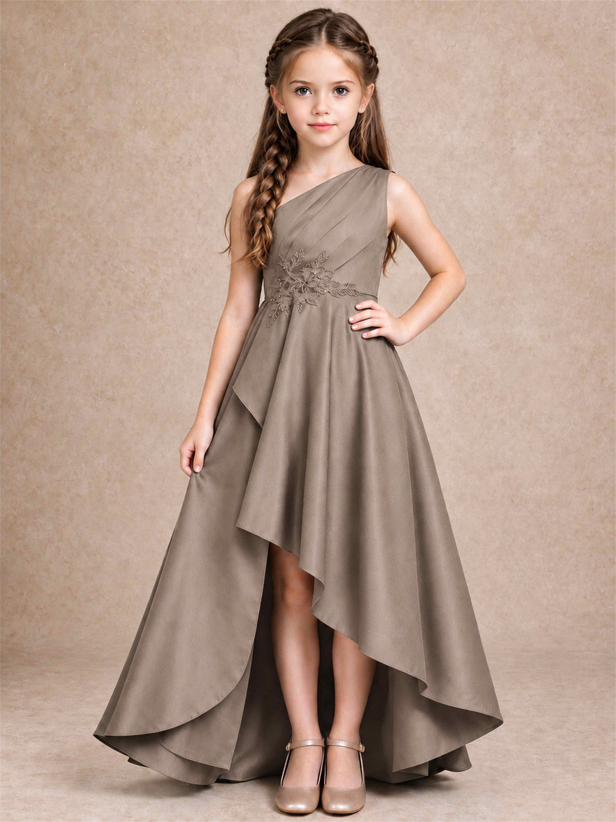 One Shoulder Satin Junior Bridesmaid Dress Lace Applique High Low Wedding Gown