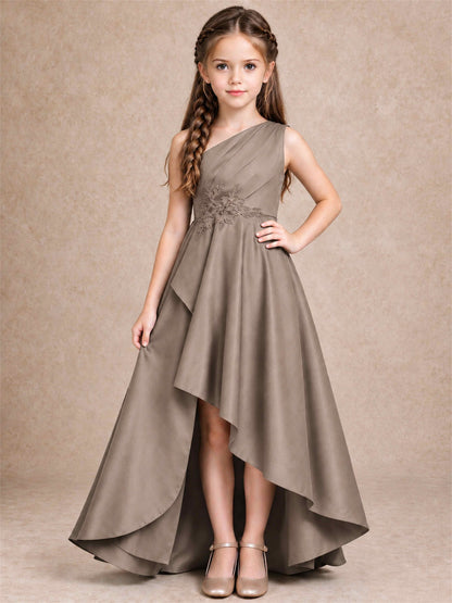 One Shoulder Satin Junior Bridesmaid Dress Lace Applique High Low Wedding Gown