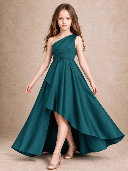 One Shoulder Satin Junior Bridesmaid Dress Lace Applique High Low Wedding Gown