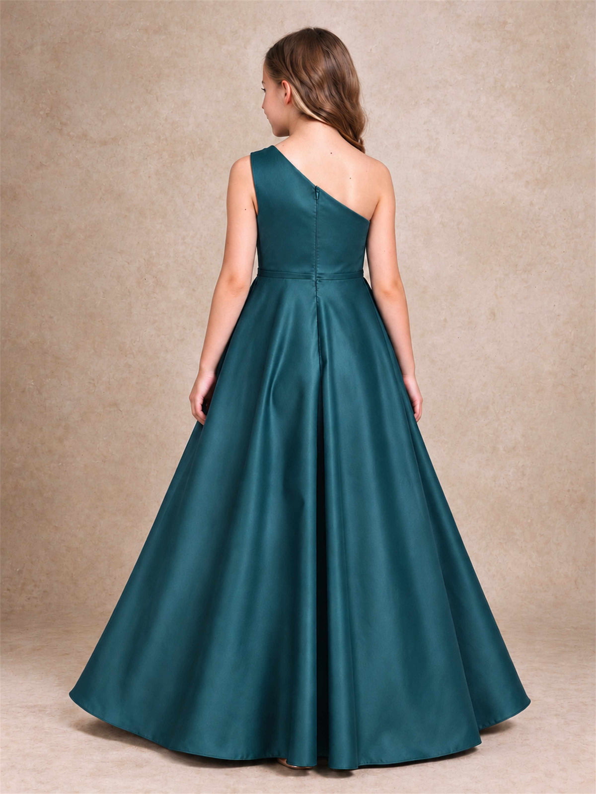 One Shoulder Satin Junior Bridesmaid Dress Lace Applique High Low Wedding Gown