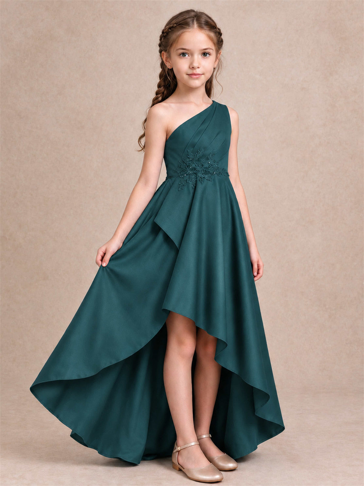 One Shoulder Satin Junior Bridesmaid Dress Lace Applique High Low Wedding Gown