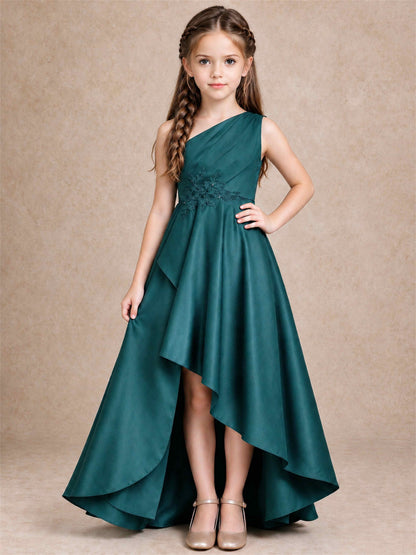 One Shoulder Satin Junior Bridesmaid Dress Lace Applique High Low Wedding Gown