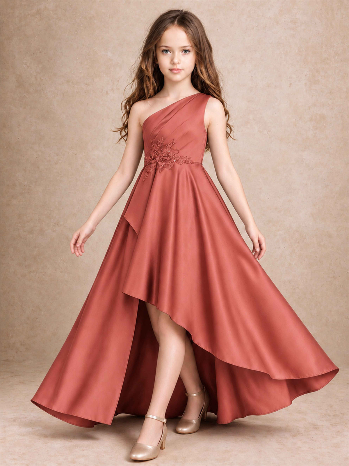 One Shoulder Satin Junior Bridesmaid Dress Lace Applique High Low Wedding Gown
