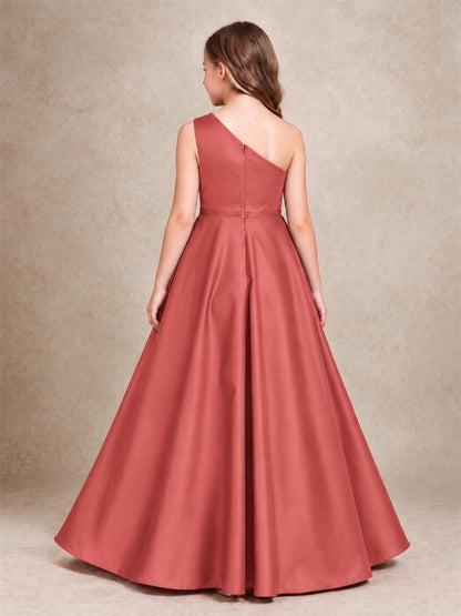 One Shoulder Satin Junior Bridesmaid Dress Lace Applique High Low Wedding Gown