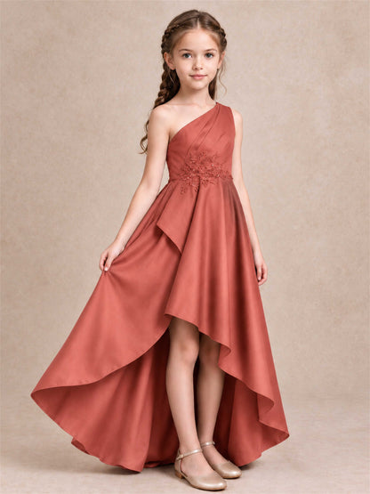 One Shoulder Satin Junior Bridesmaid Dress Lace Applique High Low Wedding Gown