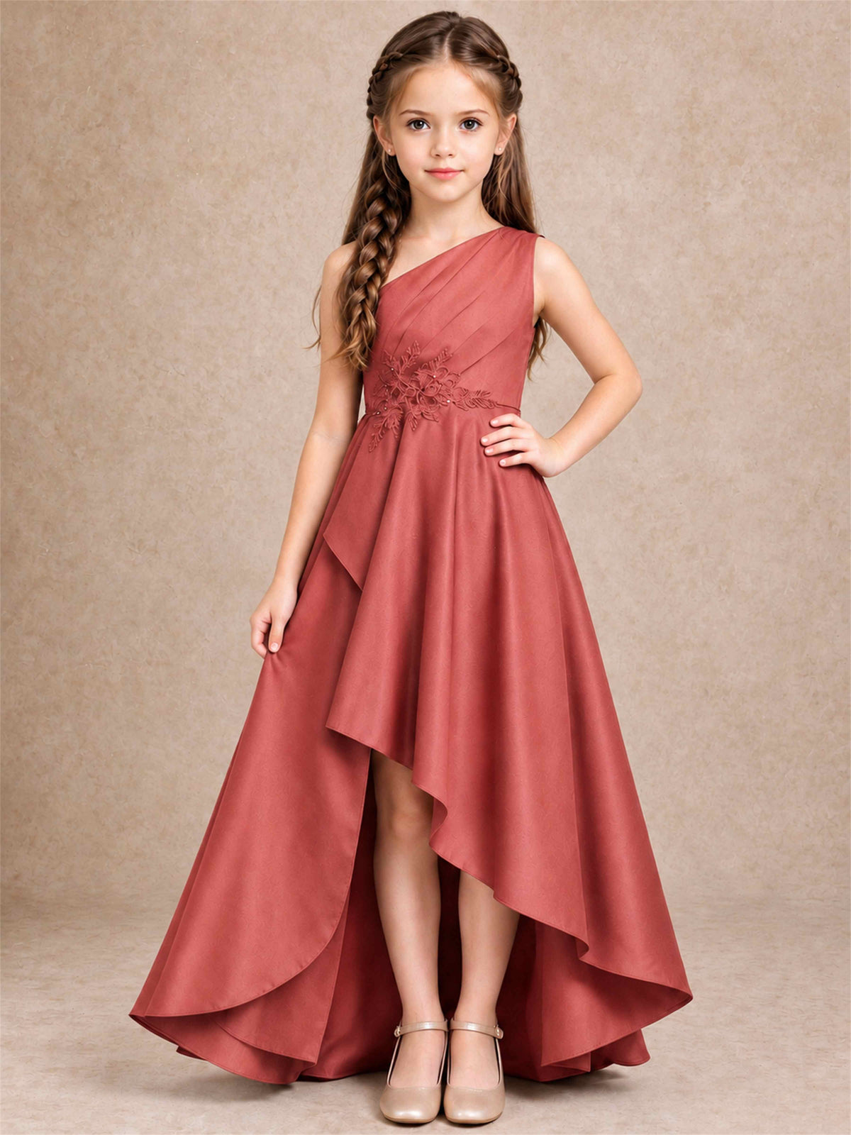 One Shoulder Satin Junior Bridesmaid Dress Lace Applique High Low Wedding Gown