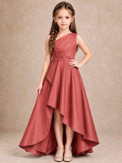 One Shoulder Satin Junior Bridesmaid Dress Lace Applique High Low Wedding Gown