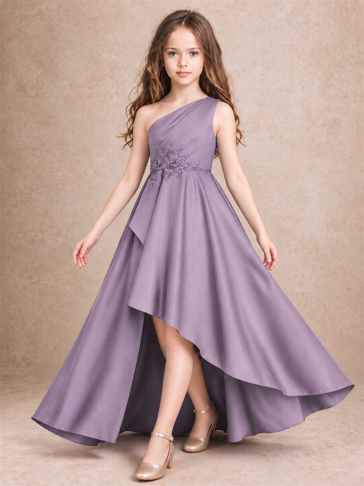 One Shoulder Satin Junior Bridesmaid Dress Lace Applique High Low Wedding Gown