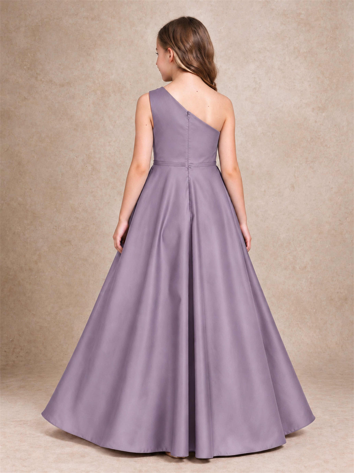 One Shoulder Satin Junior Bridesmaid Dress Lace Applique High Low Wedding Gown