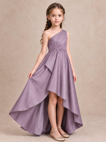 One Shoulder Satin Junior Bridesmaid Dress Lace Applique High Low Wedding Gown