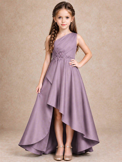 One Shoulder Satin Junior Bridesmaid Dress Lace Applique High Low Wedding Gown