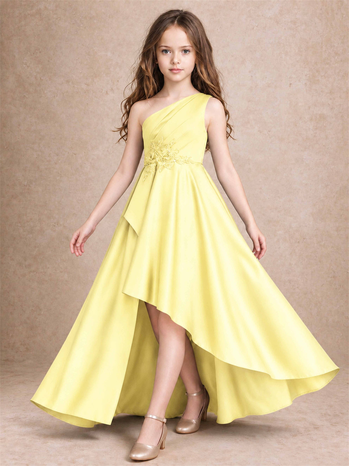 One Shoulder Satin Junior Bridesmaid Dress Lace Applique High Low Wedding Gown