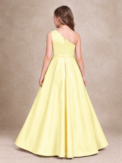 One Shoulder Satin Junior Bridesmaid Dress Lace Applique High Low Wedding Gown