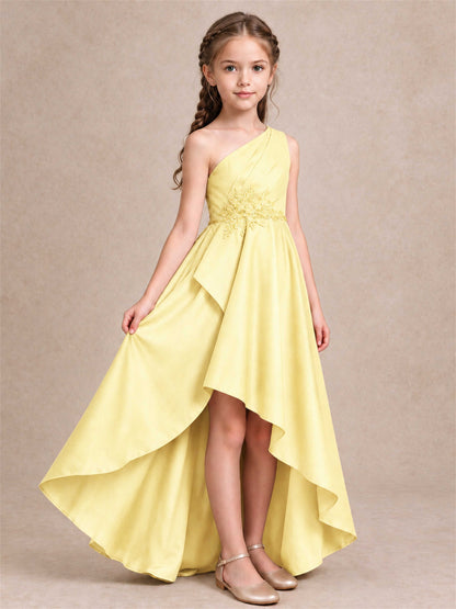 One Shoulder Satin Junior Bridesmaid Dress Lace Applique High Low Wedding Gown