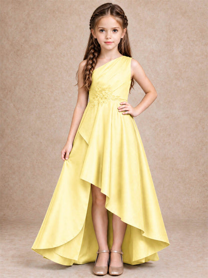 One Shoulder Satin Junior Bridesmaid Dress Lace Applique High Low Wedding Gown