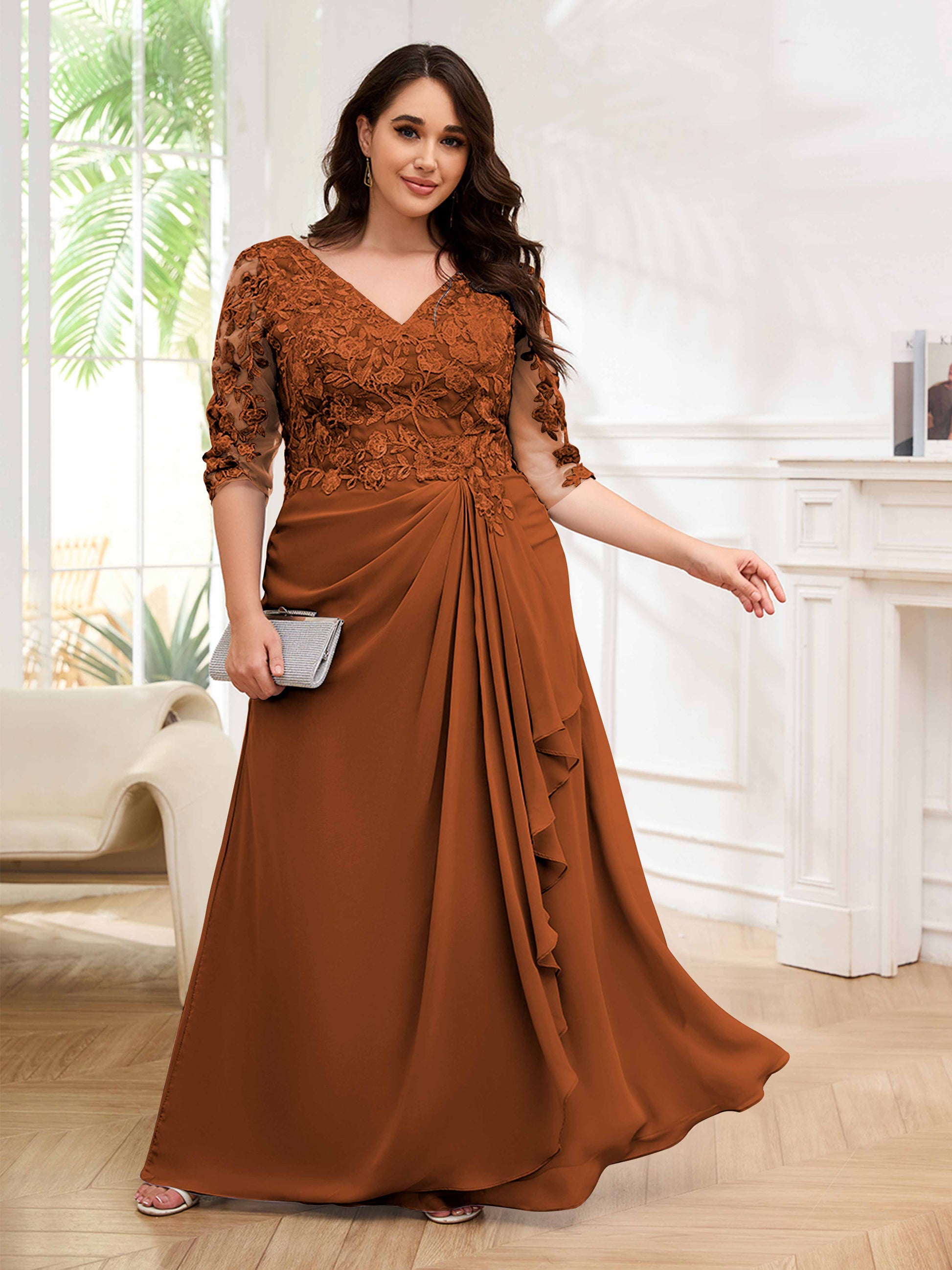 plus burnt orange mother of the bride dresses EVERPRETTY Plus Size Elegant Chiffon Maxi Bridesmaid Dress In Burnt Orange, Suitable For Spring/Summer Wedding Guest, Mother Of The Bride Dresses, Formal Dresses, Party Dresses