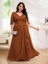 Ornate V-Neck Ruched Lace Up Floor Length Plus Size Mother Of The Bride Dresses