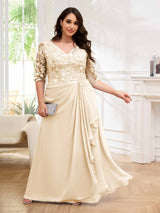 Ornate V-Neck Ruched Lace Up Floor Length Plus Size Mother Of The Bride Dresses