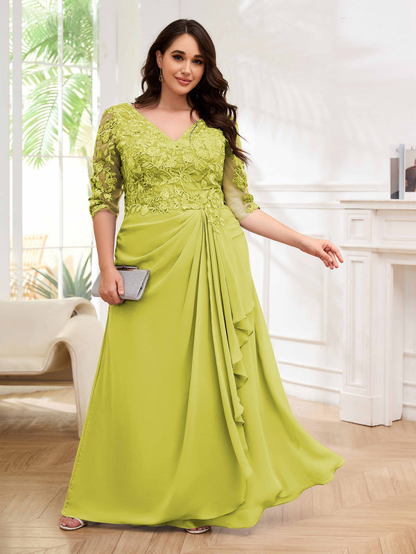 Daffodil Ornate V-Neck Ruched Lace Up Floor Length Plus Size Mother Of The Bride Dresses