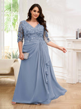 Ornate V-Neck Ruched Lace Up Floor Length Plus Size Mother Of The Bride Dresses