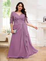 Ornate V-Neck Ruched Lace Up Floor Length Plus Size Mother Of The Bride Dresses