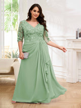 Ornate V-Neck Ruched Lace Up Floor Length Plus Size Mother Of The Bride Dresses