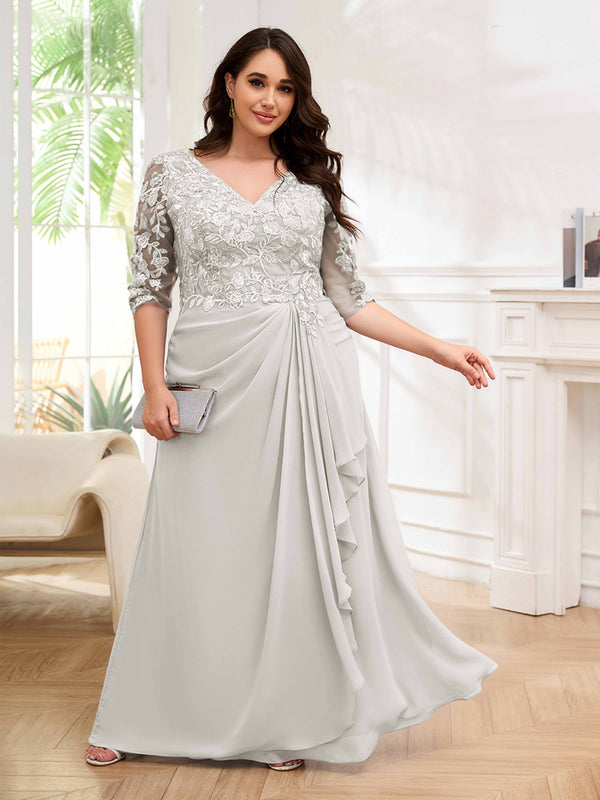 Ivory Ornate V-Neck Ruched Lace Up Floor Length Plus Size Mother Of The Bride Dresses