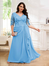 Ornate V-Neck Ruched Lace Up Floor Length Plus Size Mother Of The Bride Dresses