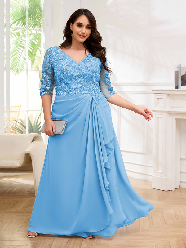 Light Blue Ornate V-Neck Ruched Lace Up Floor Length Plus Size Mother Of The Bride Dresses