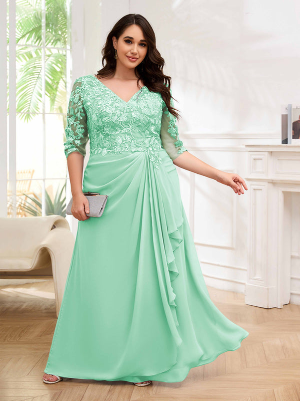 Mint Green Ornate V-Neck Ruched Lace Up Floor Length Plus Size Mother Of The Bride Dresses