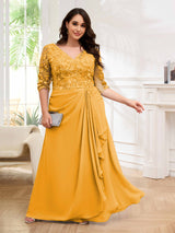 Ornate V-Neck Ruched Lace Up Floor Length Plus Size Mother Of The Bride Dresses