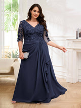 Ornate V-Neck Ruched Lace Up Floor Length Plus Size Mother Of The Bride Dresses