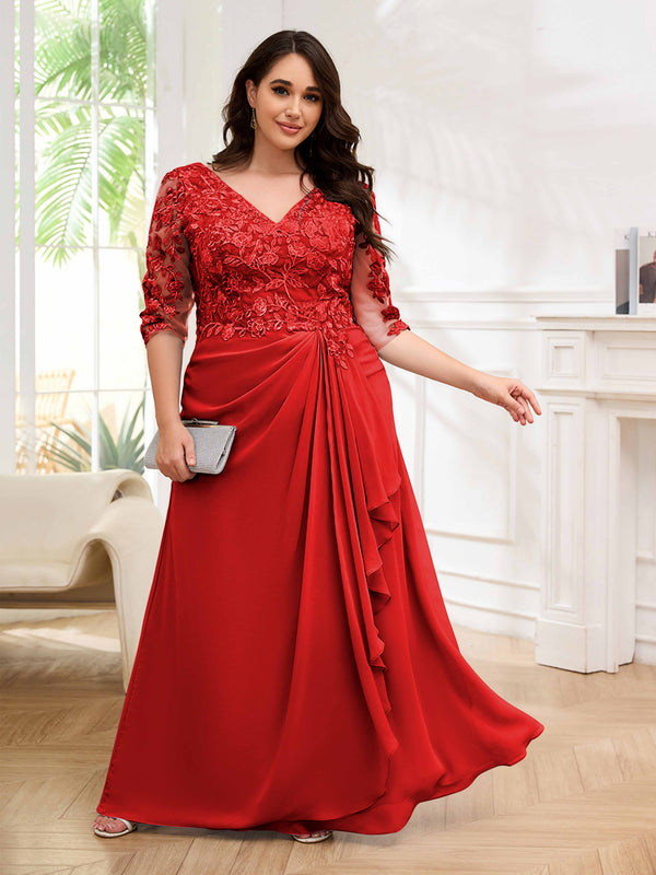 Red Ornate V-Neck Ruched Lace Up Floor Length Plus Size Mother Of The Bride Dresses