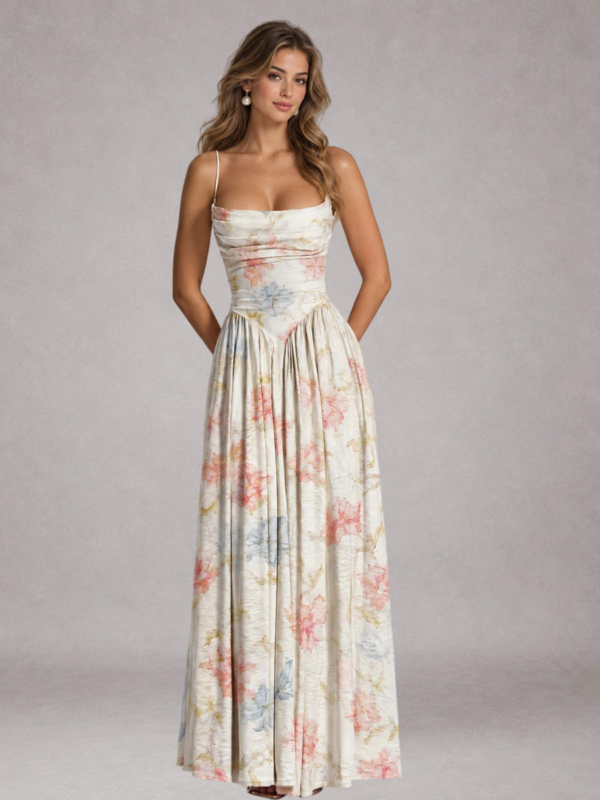 Free Shipping Pastel Floral Spaghetti Strap Cowl Neck A-Line Long Bridesmaid Dress with Lace-Up Back