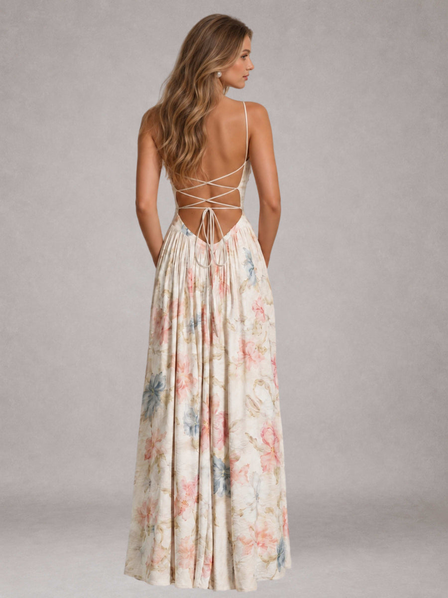 Free Shipping Pastel Floral Spaghetti Strap Cowl Neck A-Line Long Bridesmaid Dress with Lace-Up Back
