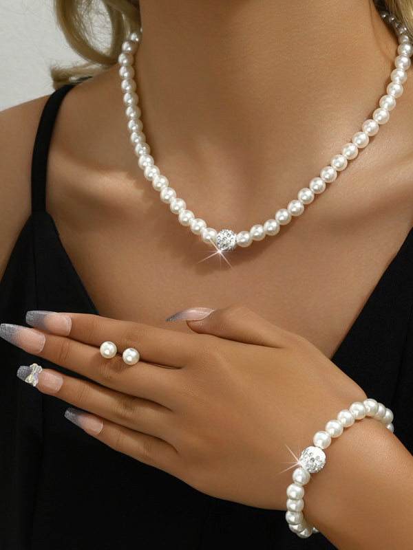 3 Set Pearl Crystal Jewelry Set Necklace Bracelet Earrings  Set for Wedding Evening Wear