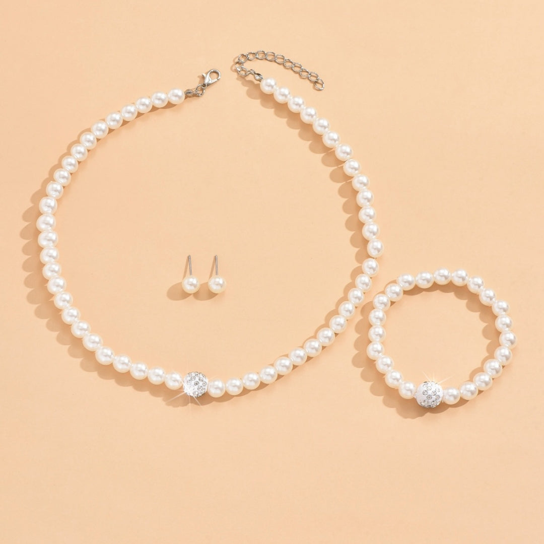 3 Set Pearl Crystal Jewelry Set Necklace Bracelet Earrings  Set for Wedding Evening Wear