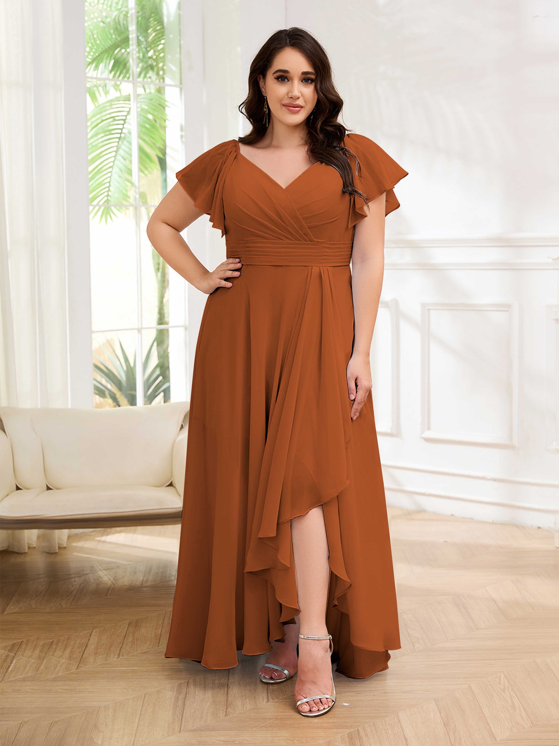 Playful V-Neck Ruffles Lace Up Chiffon Floor Length Plus Size Bridesma mollyevers.com Playful V-Neck Ruffles Lace Up Chiffon Floor Length Plus Size Bridesma mollyevers.com