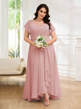 Playful V-Neck Ruffles Lace Up Chiffon Floor Length Plus Size Bridesmaid Dresses