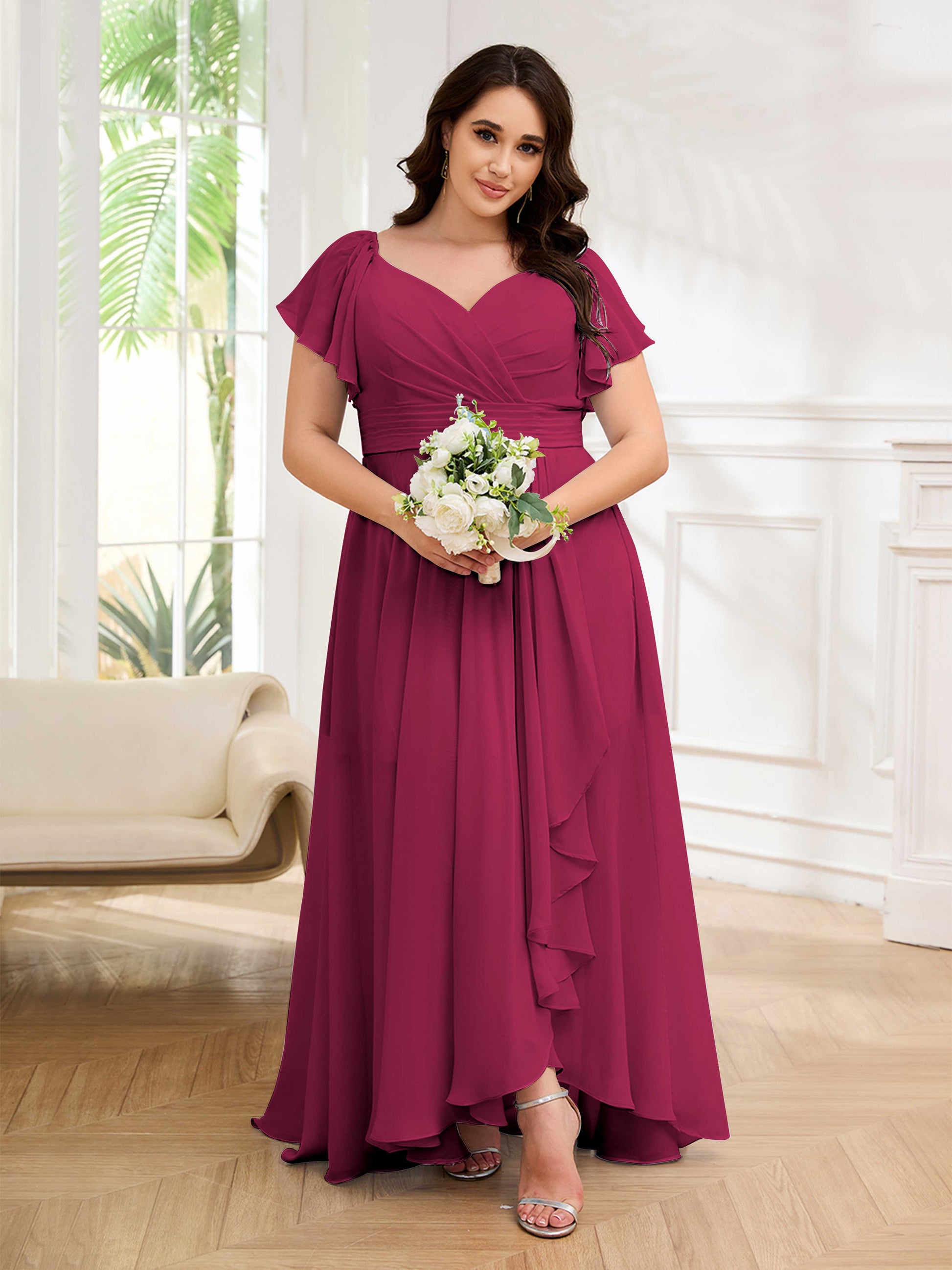 Plus Size Lace Up Purple Bridesmaids Dresses Plus Size Deep V Neck Ruffles Sleeves A Line Plus Size Lace Up Purple Bridesmaids Dresses Plus Size Deep V Neck Ruffles Sleeves A Line