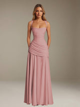 Free Shipping Pleated Chiffon Sheath Prom Dress Spaghetti Straps Floor Length