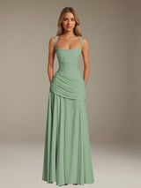 Free Shipping Pleated Chiffon Sheath Prom Dress Spaghetti Straps Floor Length