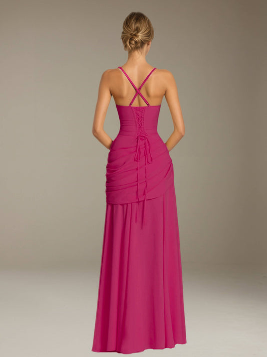 chiffon fabric bridesmaid dress Emerald Green Chiffon Ruffle Sleeve V-Neck Slit Maxi Bridesmaid Dress Change Color From Swatches / XS / N0-2