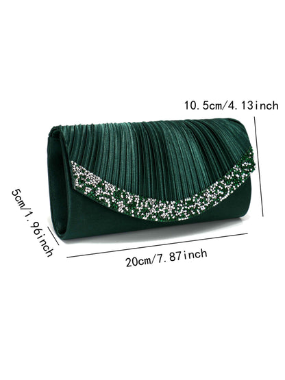 Pleated Envelope Clutch Bag with Crystal Trim for Wedding, Prom & Evening Party
