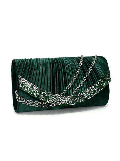 Pleated Envelope Clutch Bag with Crystal Trim for Wedding, Prom & Evening Party