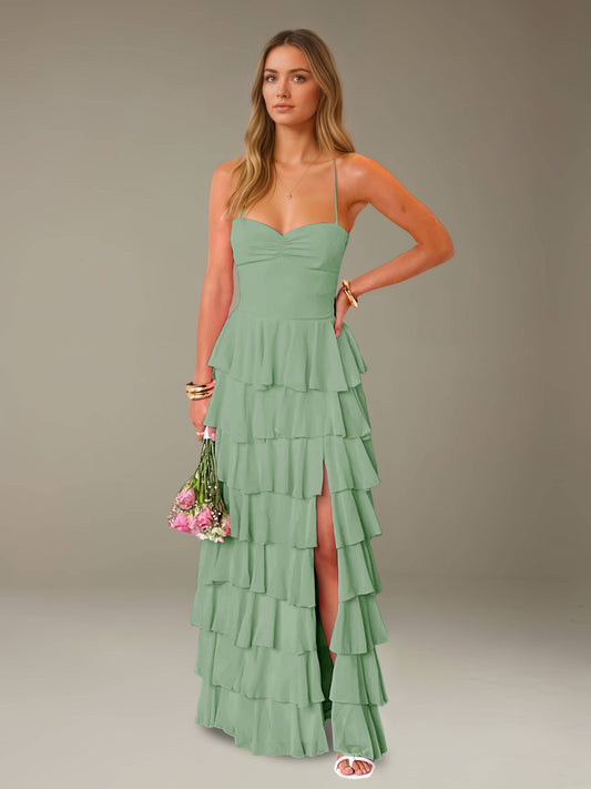 slim fit dress slacks Berylove Women Sage White Floral Maxi Dress with Neck Ribbon Halter Backless Slit Sheath Wedding Guest Dress, Sage White Flower / US10 main image 1