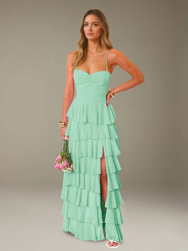 Mint Green Free Shipping Pleated Prom Dress Spaghetti Straps Sweetheart Neck Floor Length