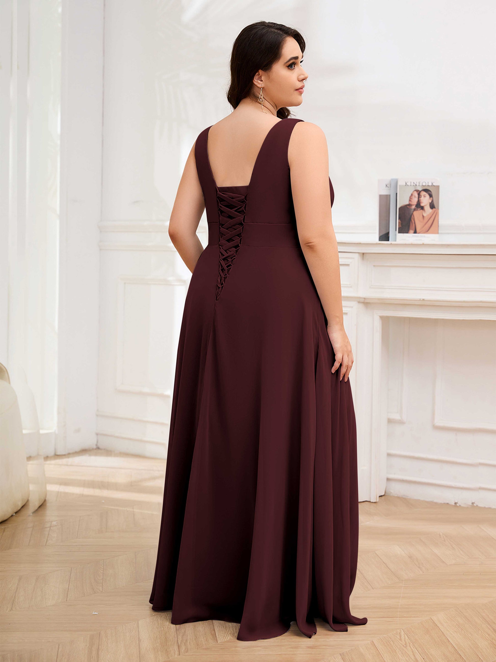 Poised V-Neck Sleeveless Ruffles Chiffon Floor Length Plus Size Brides mollyevers.com Poised V-Neck Sleeveless Ruffles Chiffon Floor Length Plus Size Brides mollyevers.com