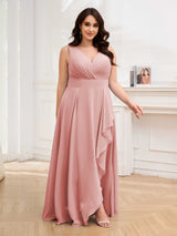 Poised V-Neck Sleeveless Ruffles Chiffon Floor Length Plus Size Bridesmaid Dresses